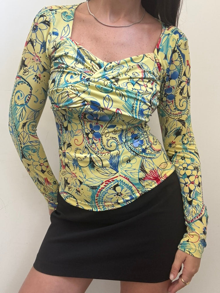 Vintage Yellow Patterned Stretch Top Size Medium