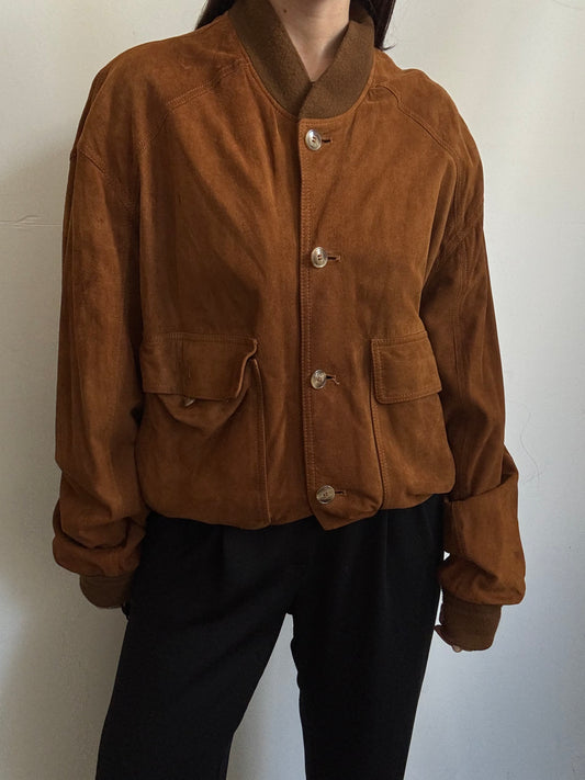 Vintage Dark Caramel Brown Suede Button Up Jacket Size Medium