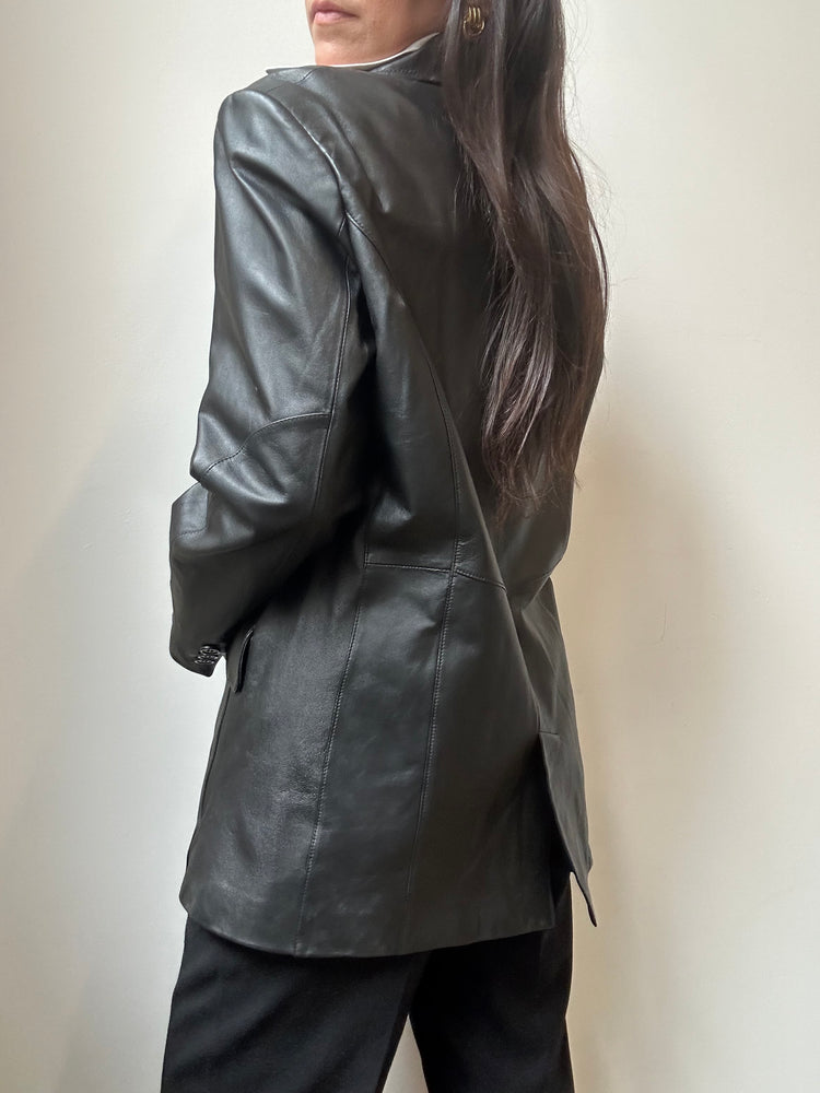 Vintage Smooth Genuine Leather Black Tailored Blazer Size 6-8