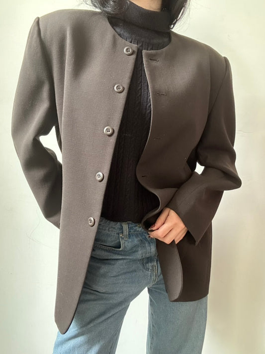 Vintage Brown Wool Collarless Blazer Size Large