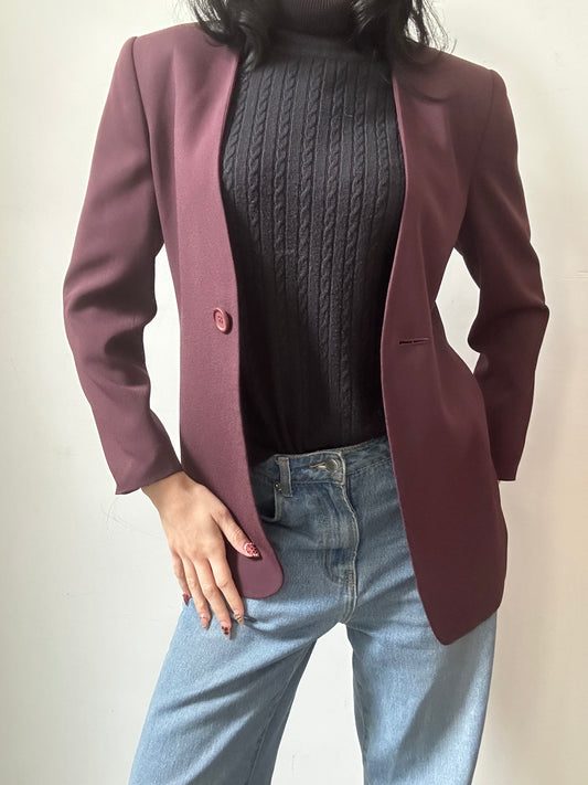 Vintage Burgundy Fitted Collarless Blazer Size Small