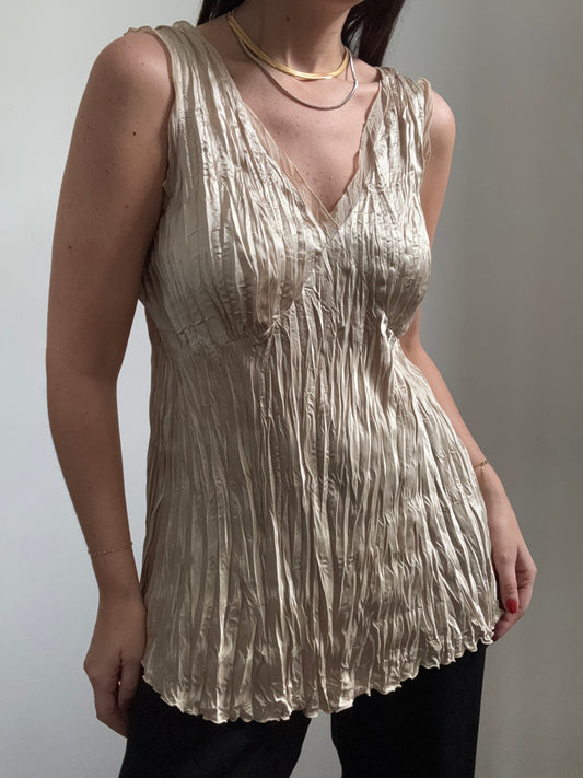 Vintage Gold Ruched V-Neck Blouse Size Large