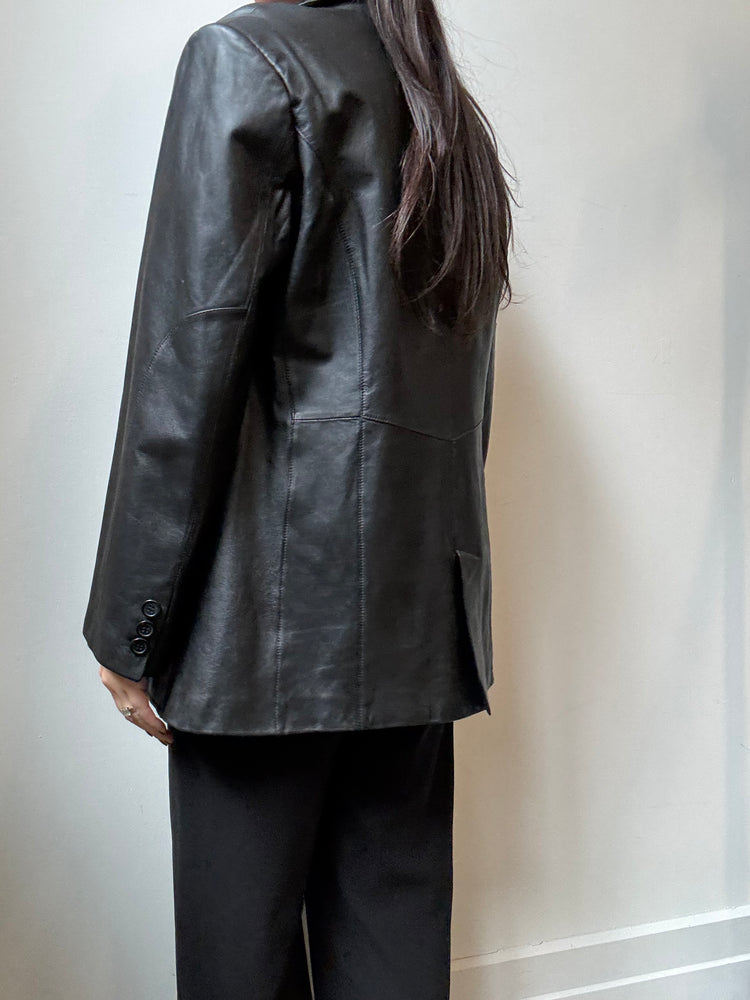 Vintage Black Leather Mid-Length Blazer Sizer M