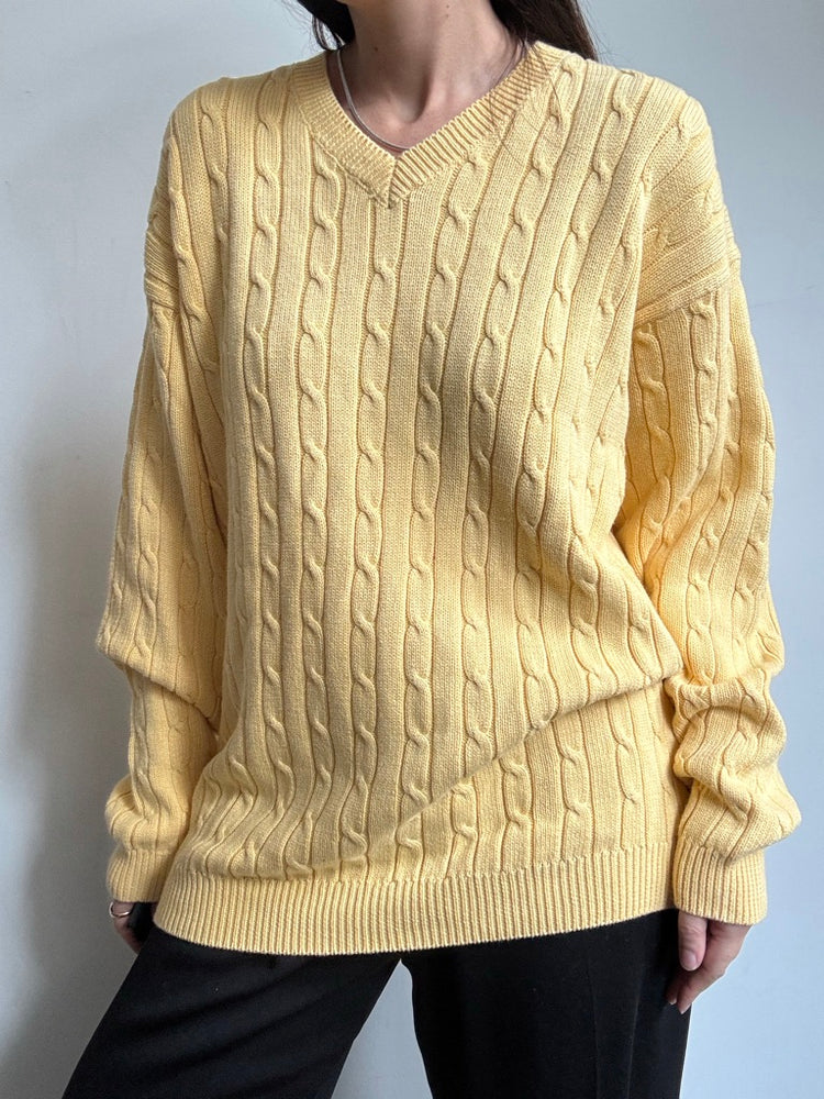 Vintage Yellow Cotton Cable Knit V-Neck Sweater Size Large