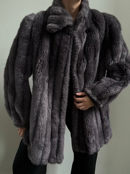 Vintage Gray Faux Fur Jacket Size Medium