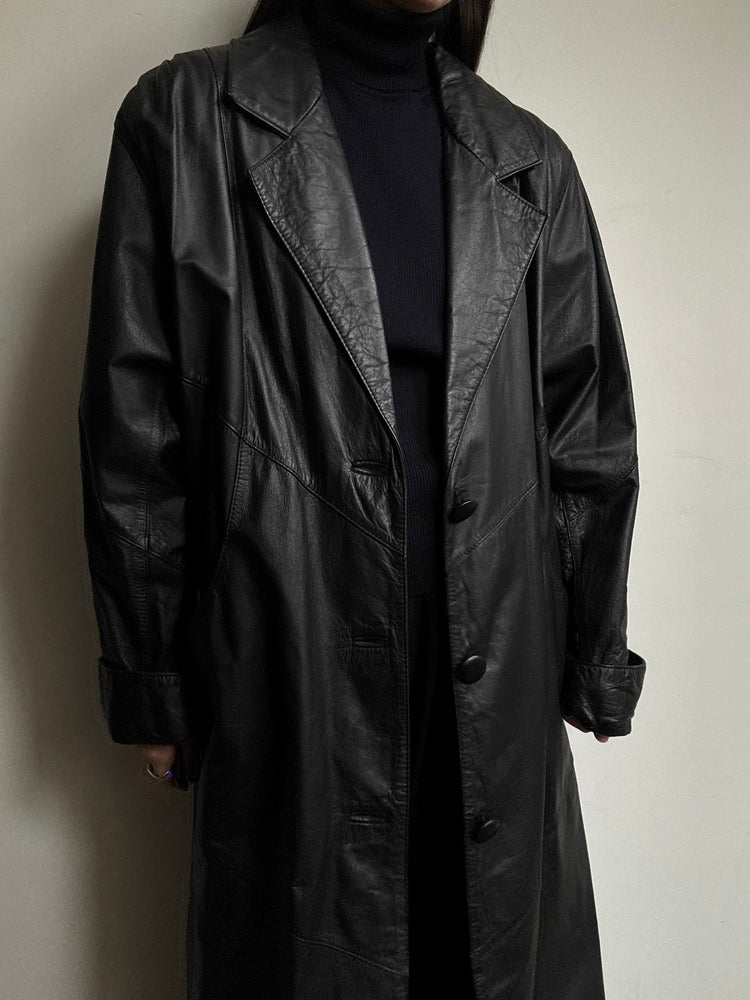 Vintage Black Leather Trench With Pleated Sleeves Size M