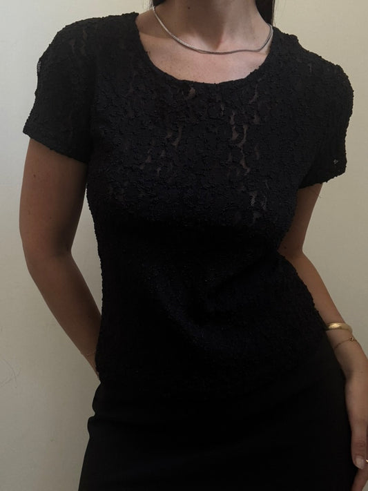 Vintage Black Sheer Lace Short Sleeve Blouse Size Medium