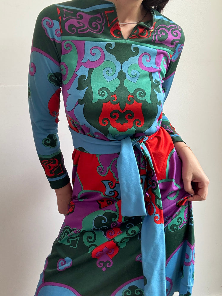 Vintage 1970's Italian Multicolored Printed Midi Dress Size Medium
