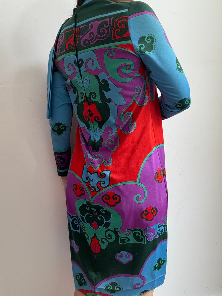 Vintage 1970's Italian Multicolored Printed Midi Dress Size Medium