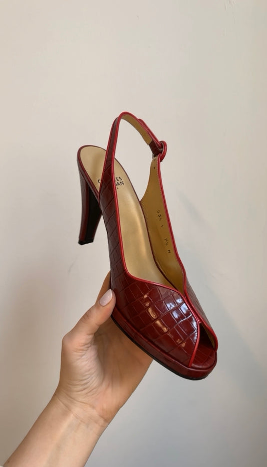Vintage Charles Jourdan Red Open Toe Heels Size 7.5