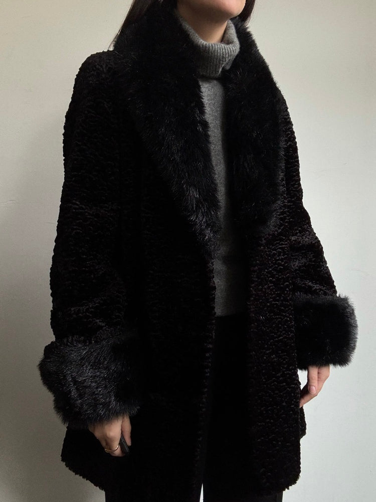 Vintage Black Faux Fur Trim Coat Size Small