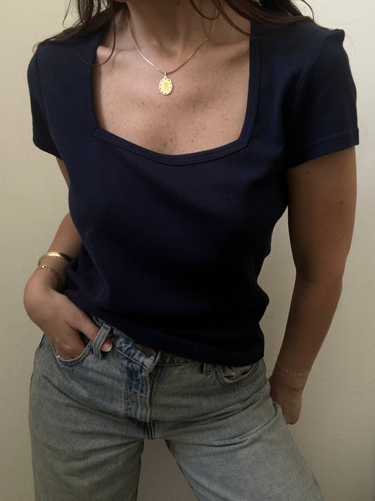 Vintage Navy Cotton Square Neck Top Size Large