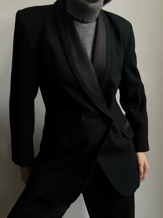 Vintage Pure Wool Black Tuxedo Style Blazer Size Small
