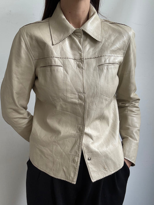 Vintage Beige Fitted Leather Jacket Size Medium