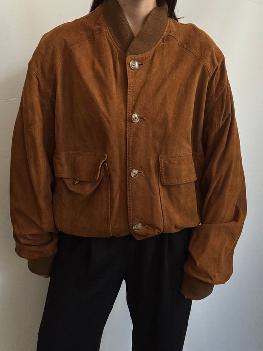 Vintage Dark Caramel Brown Suede Button Up Jacket Size Medium