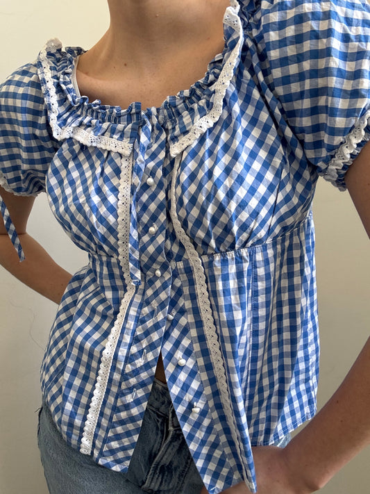 Preloved Blue & White Gingham Puff Sleeve Top Size Small