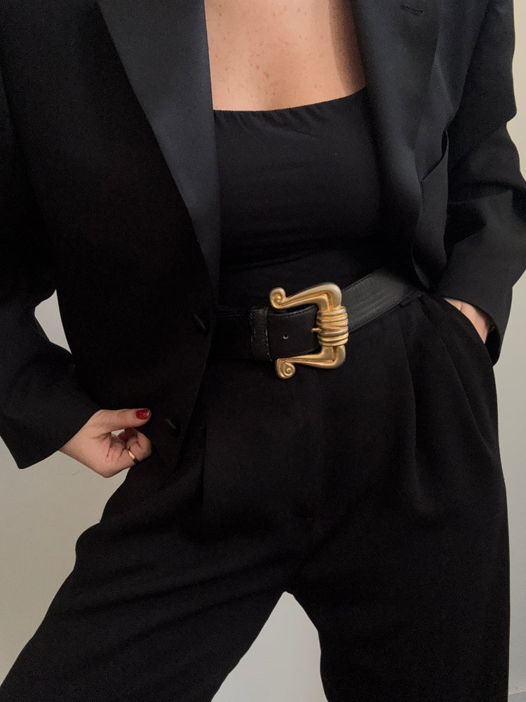 Vintage Black Genuine Leather Belt with Chunky Gold Buckle Size 34"