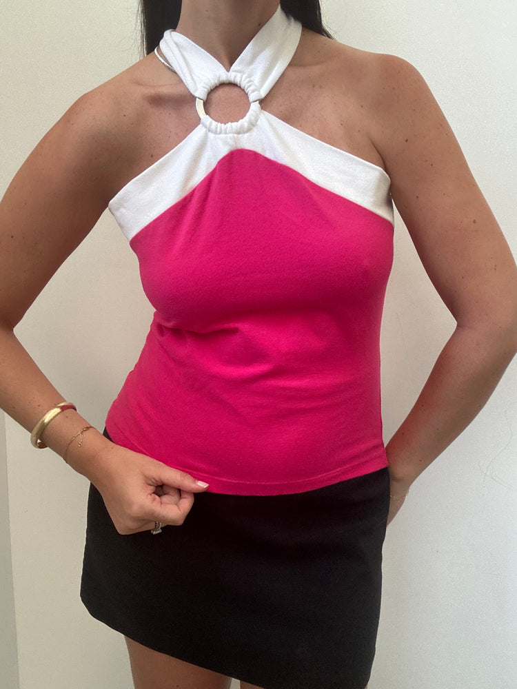 Vintage Pink + White Halter Top Size Medium
