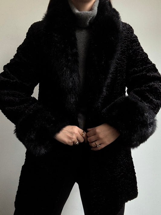 Vintage Black Faux Fur Trim Coat Size Small
