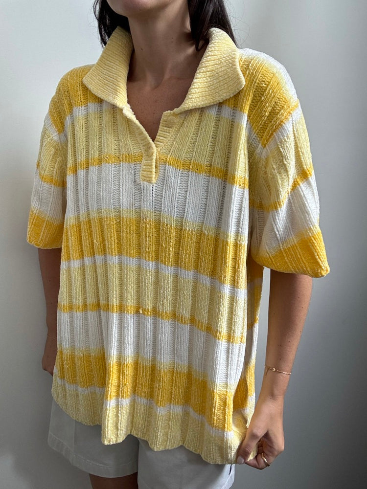 Vintage Chenille Yellow + White Striped Polo Size XL