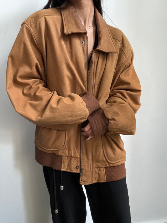 Vintage Light Brown Leather Bomber Jacket Size M/L