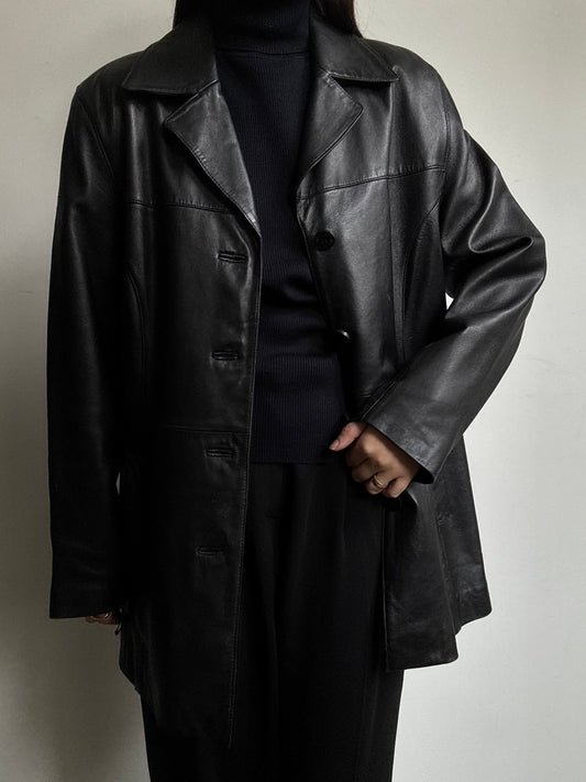 Vintage Black Buttoned Mid-Length Leather Jacket Size M