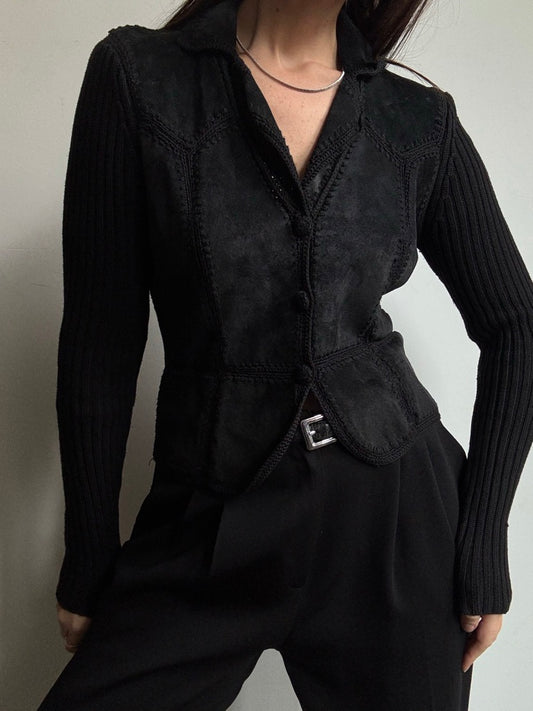 Vintage Black Suede + Crochet Knit Top Size Small