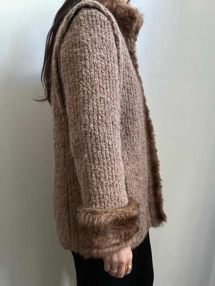Vintage Wool Knit Faux Fur Trimmed Jacket Size Medium