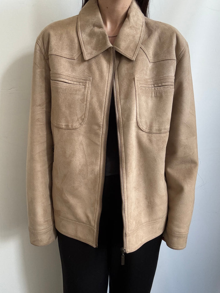 Vintage Faux Tan Suede Bomber Jacket Size Medium