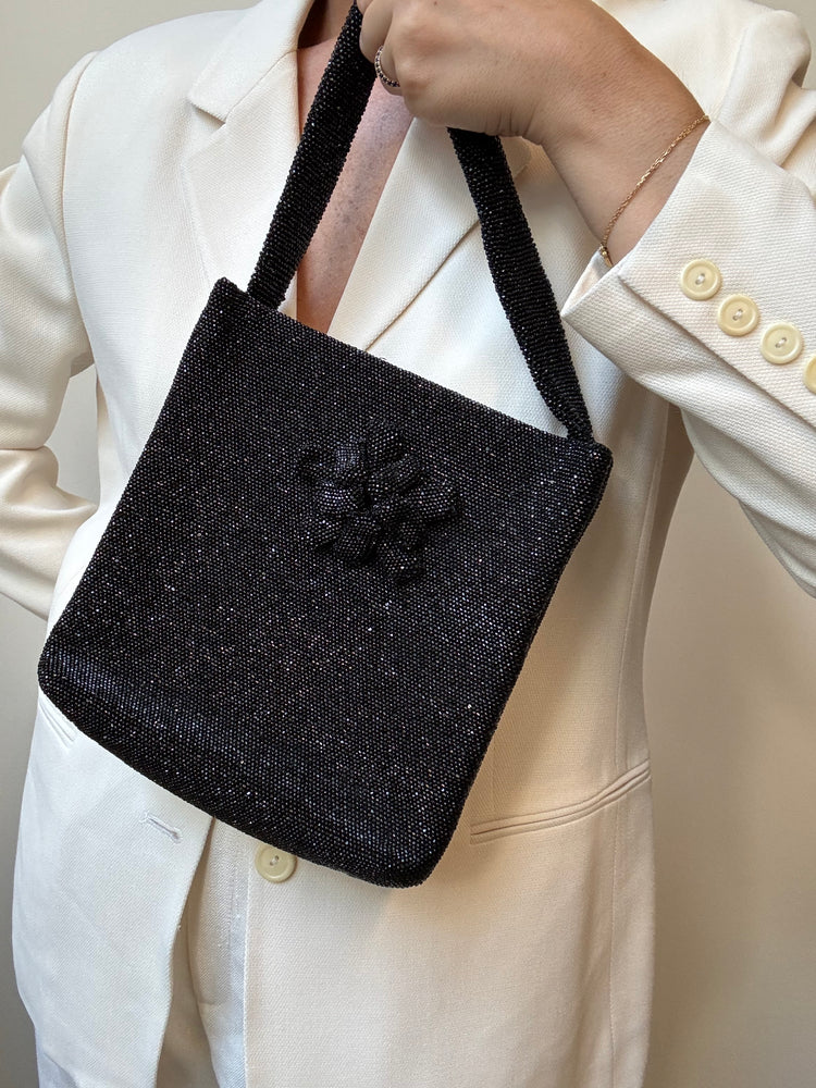 Vintage Black Beaded Square Structured Handbag