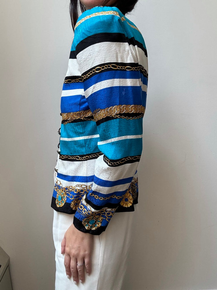 Vintage Silk Teal + Gold Striped Blouse Size M
