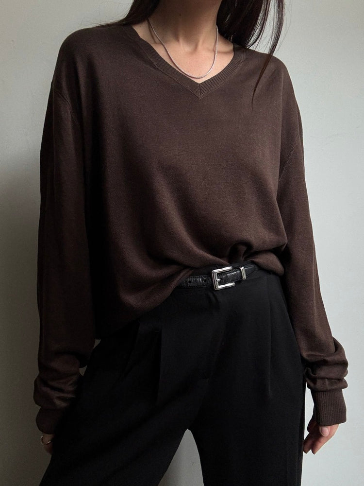 Vintage Brown Silk & Linen V-Neck Sweater Size XL