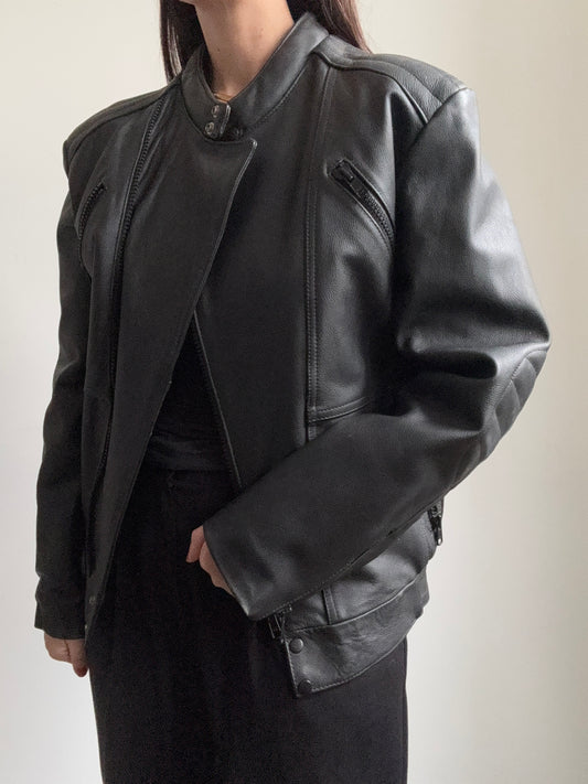 Vintage Black Leather Moto Bomber Size X-Small