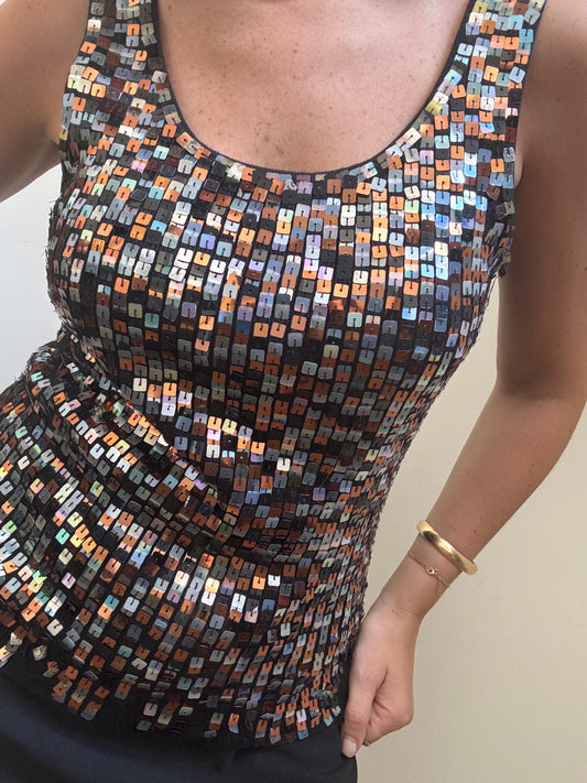 Vintage Black Sequin Knit Tank Top Size Small