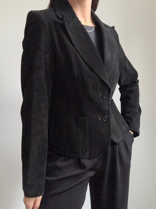 Vintage Black Suede Leather Fitted Blazer Size Small