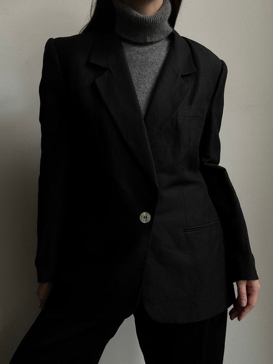 Vintage Black Linen Blend Lightweight Blazer Size Large