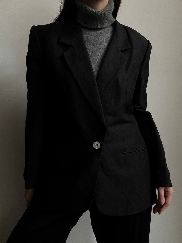 Vintage Black Linen Blend Lightweight Blazer Size Large
