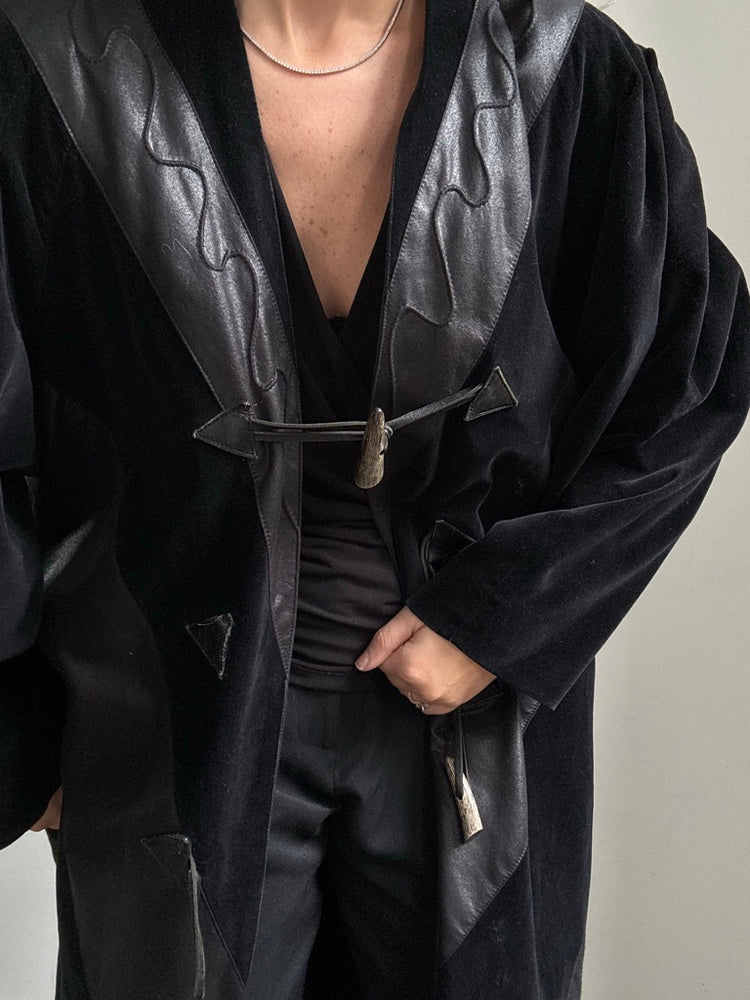 Vintage Black Faux Suede + Leather Long Coat Size Large