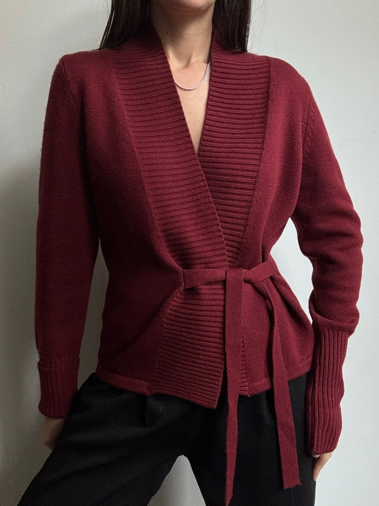 Vintage Maroon Merino Wool Wrap Cardigan Size Medium