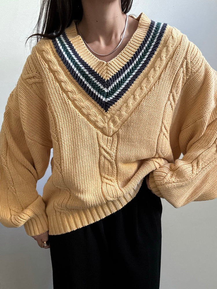 Vintage Yellow Cable Knit Varsity Sweater Size Medium