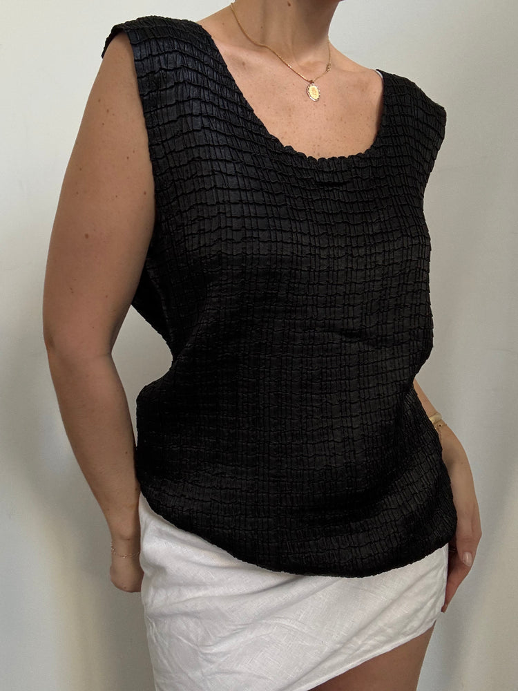 Vintage Black Crushed Taffeta Blouse Size XL