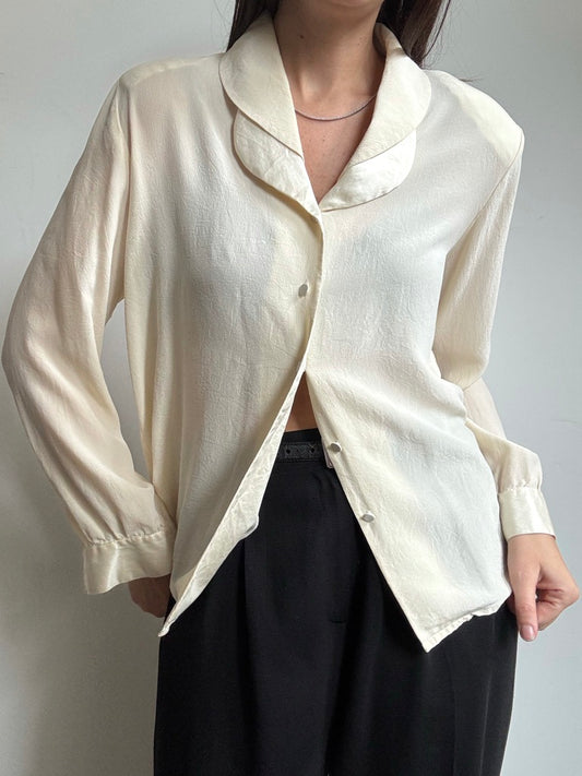 Vintage Cream Silk Button Up With Layered Collar Size M
