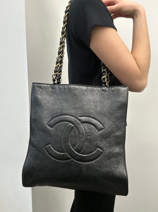 Chanel 2020 Black Calfskin Leather Vertical Tote Bag