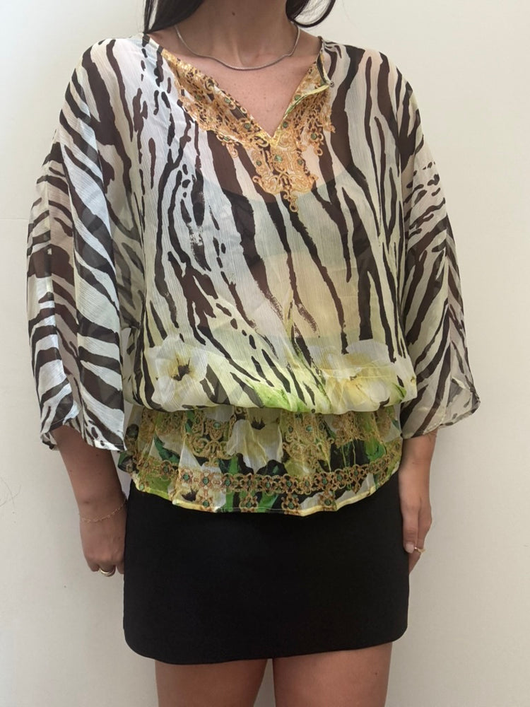 Sheer Zebra Print 3/4 Sleeve Cover-Up Size 2