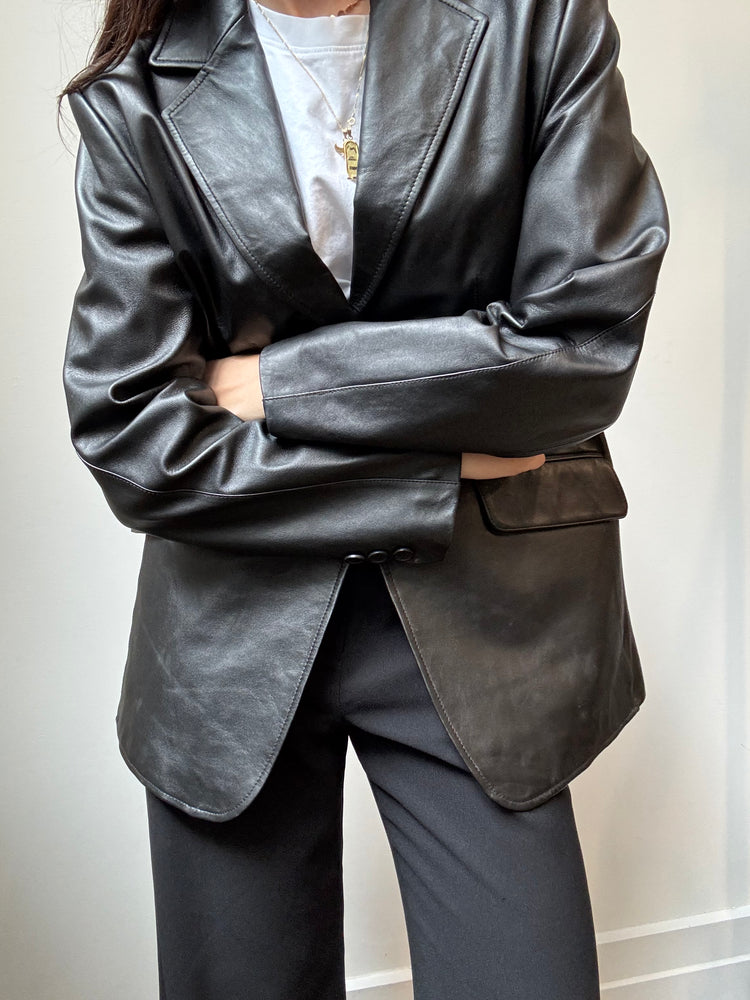 Vintage Black Leather Mid-Length Blazer Sizer M