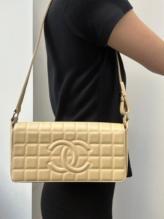 Vintage Chanel 2003 Beige Quilted Lambskin Chocolate Bar Flap Bag