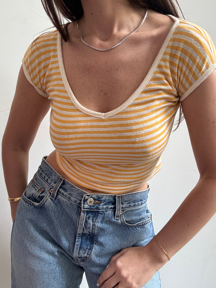 Vintage Yellow and White Striped Crop Top Size Small