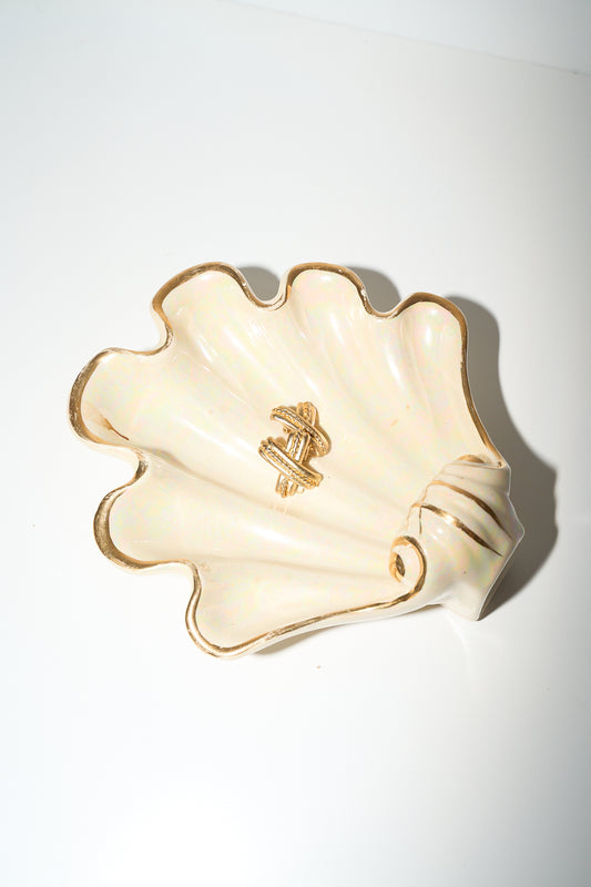 Vintage Ivory Catchall Shell Dish with Gold Detail