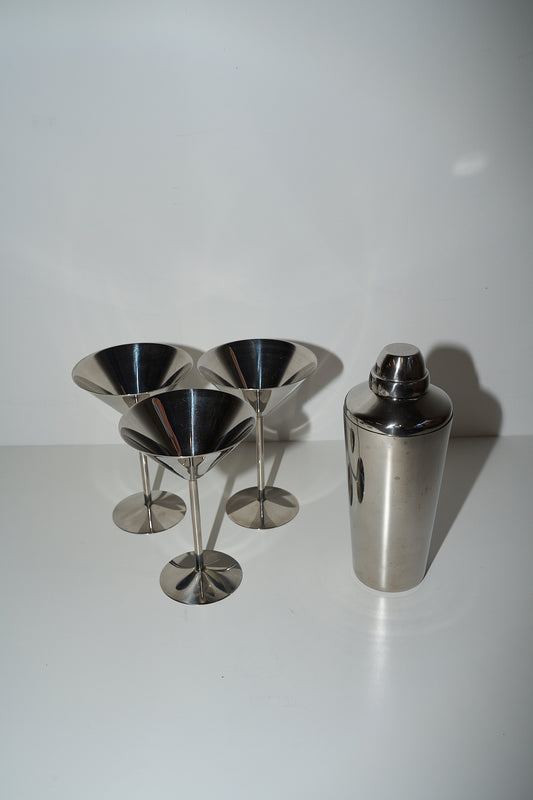 Vintage Chrome Martini Glasses (Set of 3) & Martini Shaker
