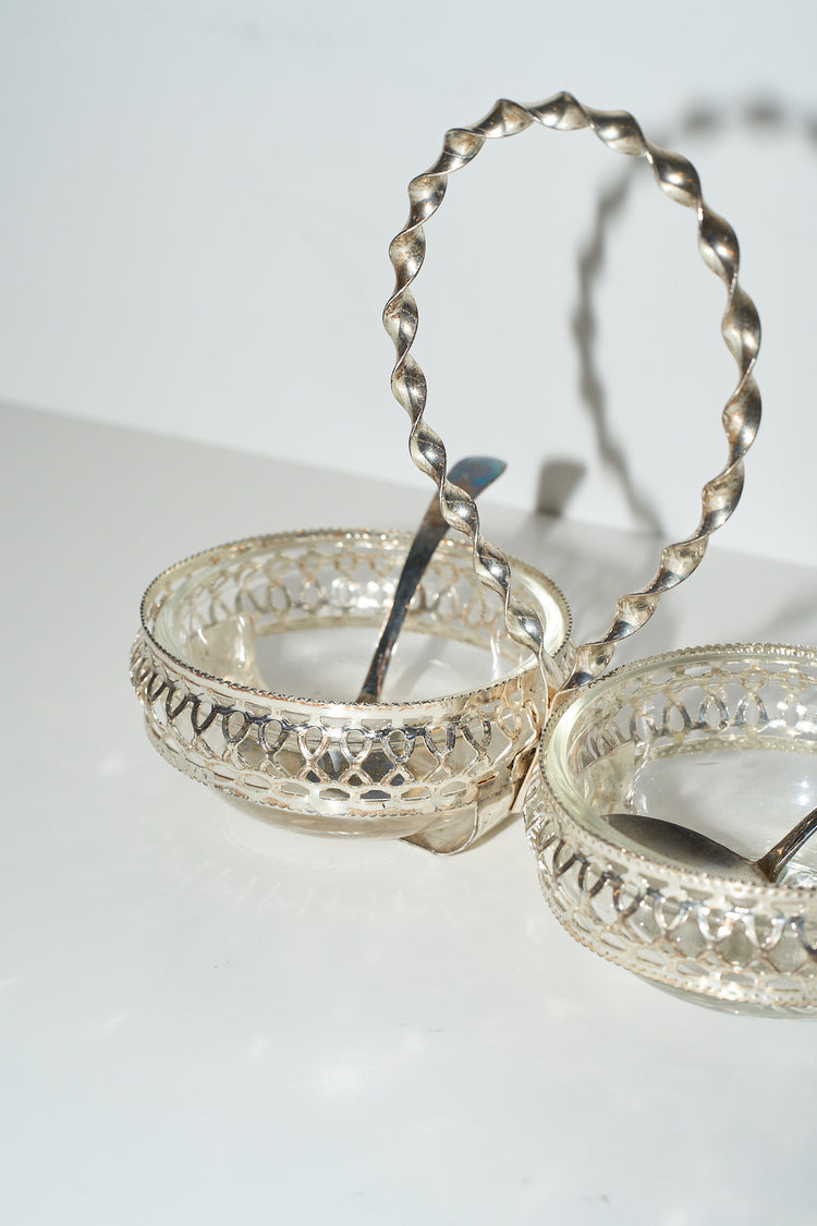 Vintage Brama Crystal and Silver Plated Double Round Caddy